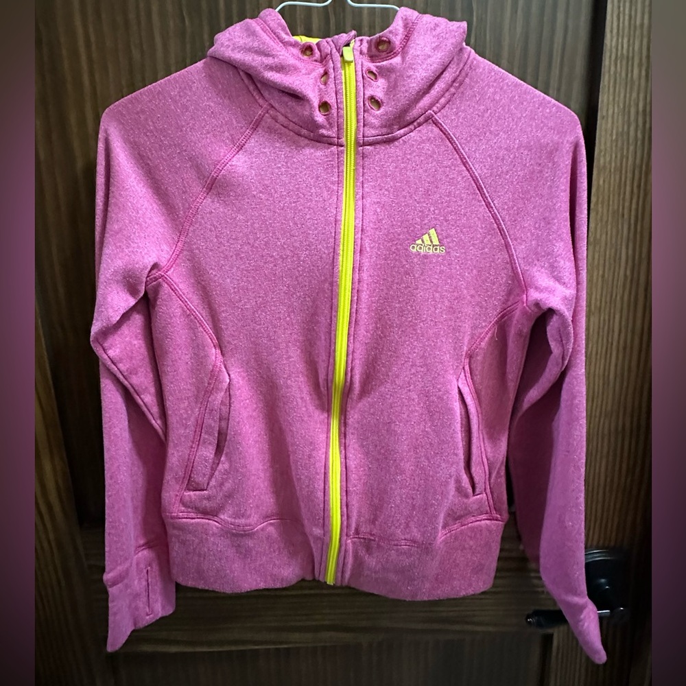 Adidas Women's Climawarm Pink Hoodie with Yellow Zipper